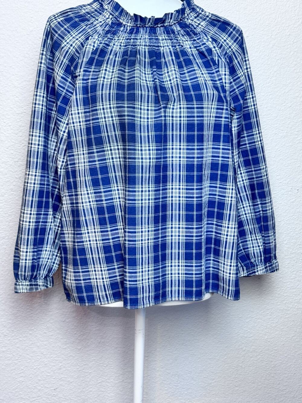 J Crew NWT Women’s SZ M Plaid Smocked Ruffle Neck Top Blue & White Blouse